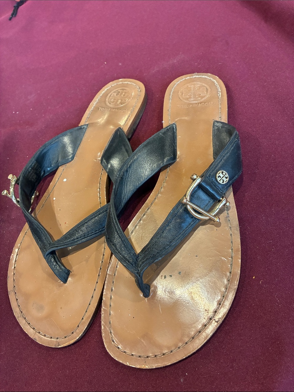 Tory Burch Black Leather Thong Sandals with Gold Logo Buckle